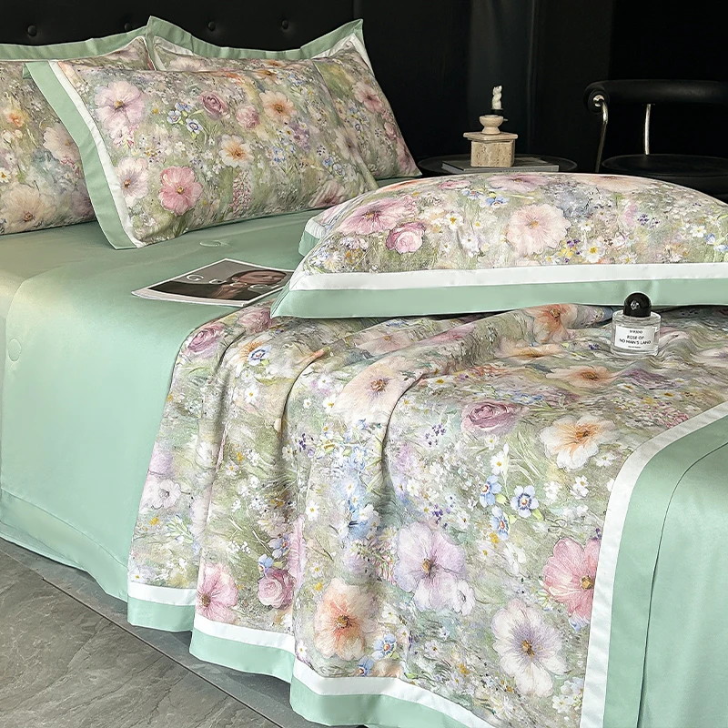 【床笠/床单】轻奢数码印花凉感冰丝夏被四件套超柔莱赛夏凉被芯