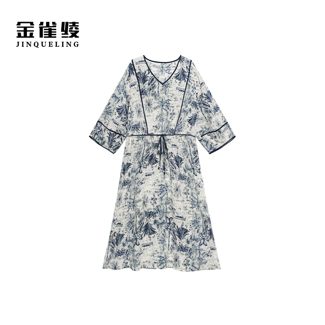 金雀绫【椰风海韵】100桑蚕丝气质显瘦透气大码连衣裙SZA1L197