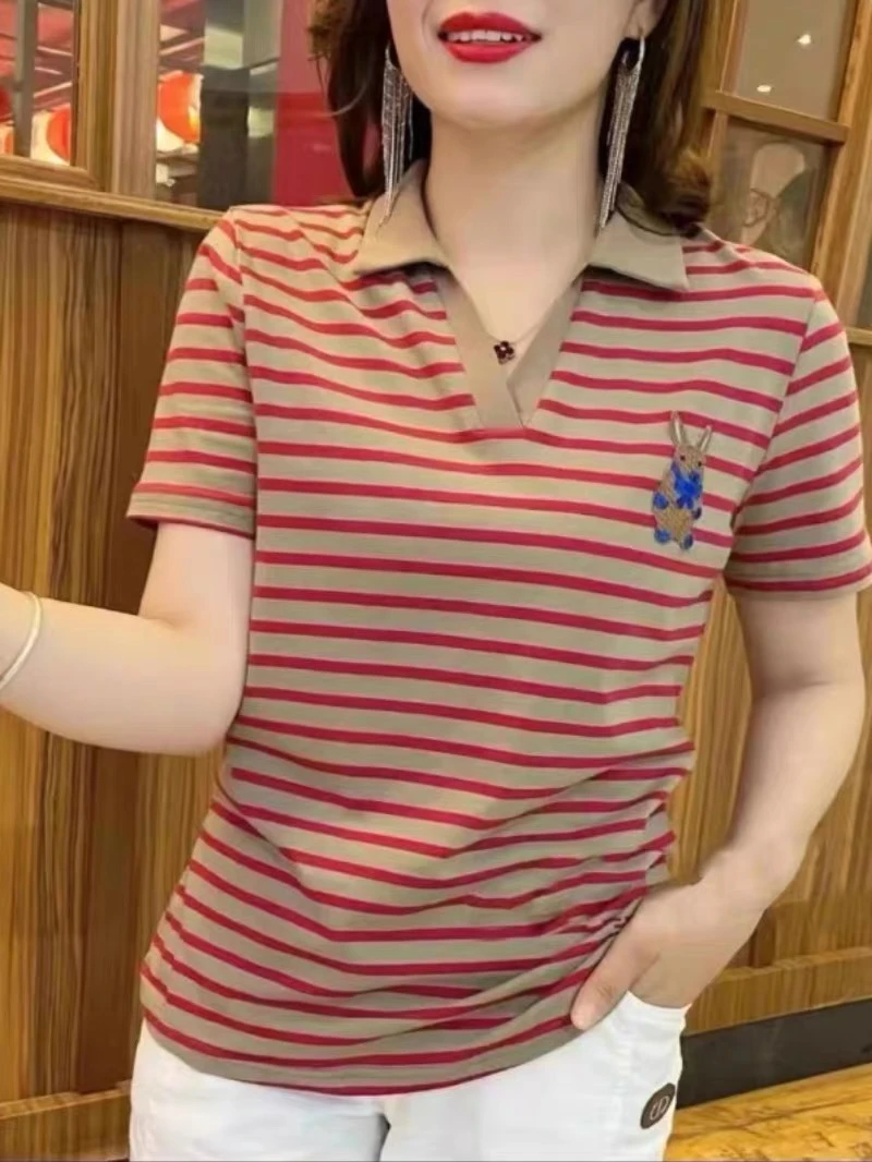 POLO衫条纹短袖V领T恤女夏季新款中年妈妈大码女装减龄百搭打底衫