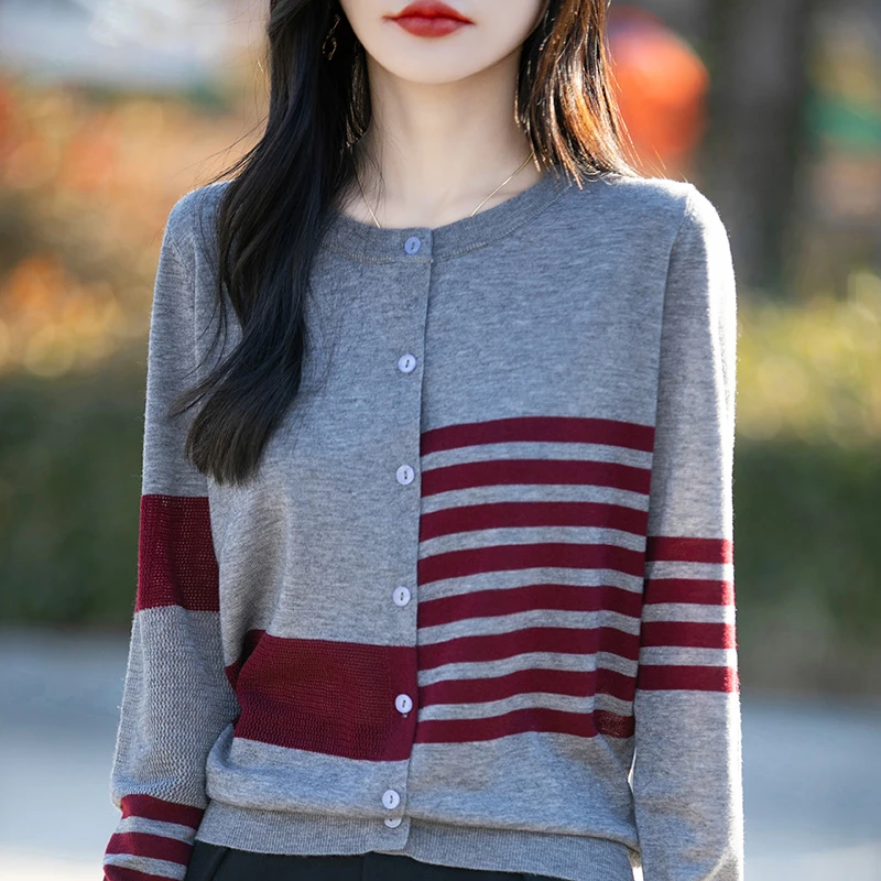 新款精纺绵羊毛衫春秋长袖拼色女装针织开衫薄款条纹外搭韩版上衣