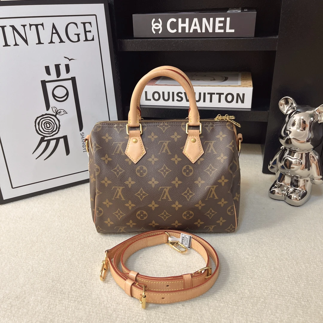 99新 LouisVuitton/路易威登 speedy枕头25肩带款 经典老花两用包