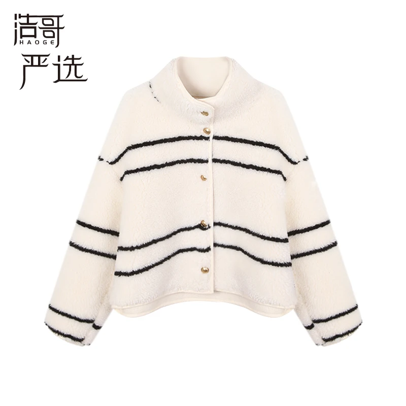 冰冰●D3WT9212A小香风时尚条纹毛呢上衣外套莫奈花园风