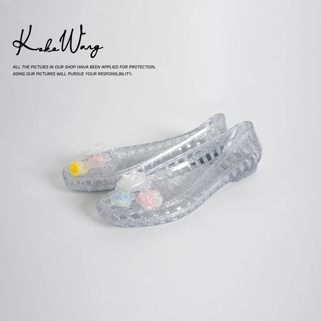 KOKOWANG夏季手工编织花朵透明果冻舒适百搭水晶凉鞋570425F20X41