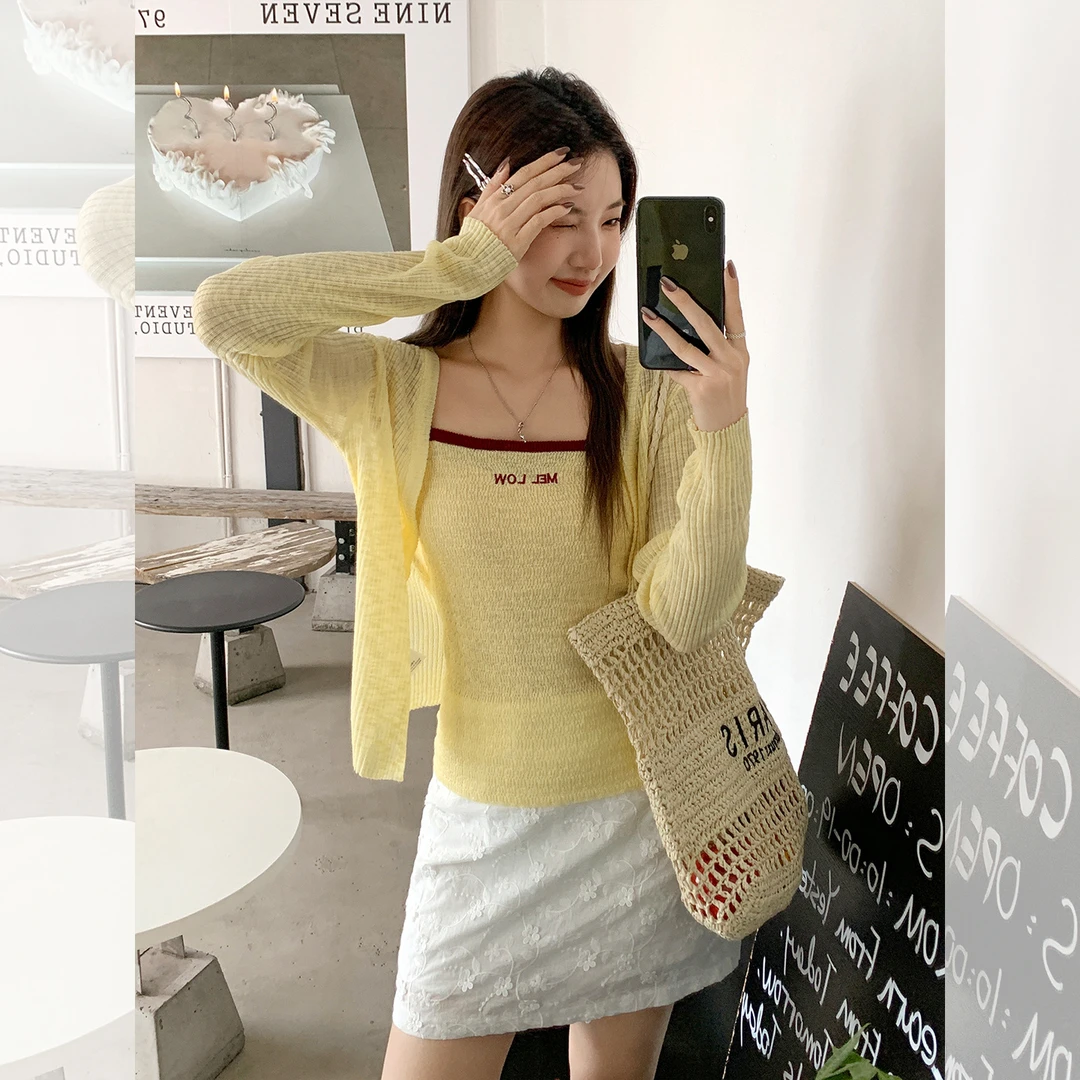 多巴胺薄款字母刺绣针织开衫女2025夏季新款设计感吊带背心两件套