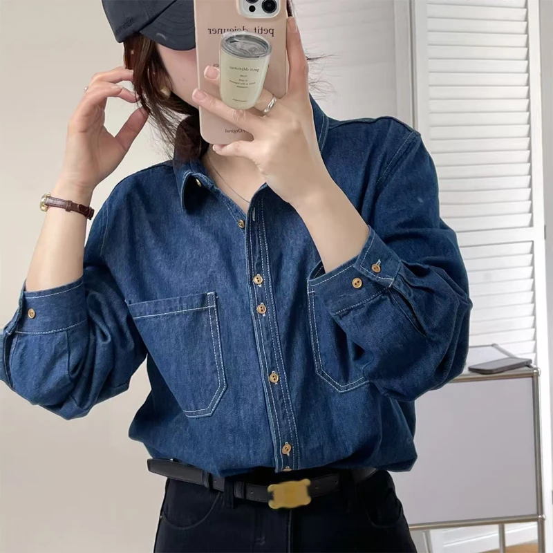 (衣兮精致小扣复古衬衫)28001经典百搭春秋长袖翻领牛仔休闲衬衫W