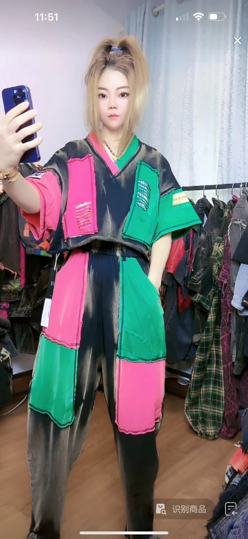 个性潮酷新款时尚做旧宽松拼色V领上衣短袖哈伦裤两件套女装夏款