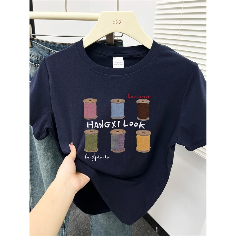 胖mm大码正肩短袖T恤女夏季韩版时尚彩色线圈印花半袖圆领上衣潮