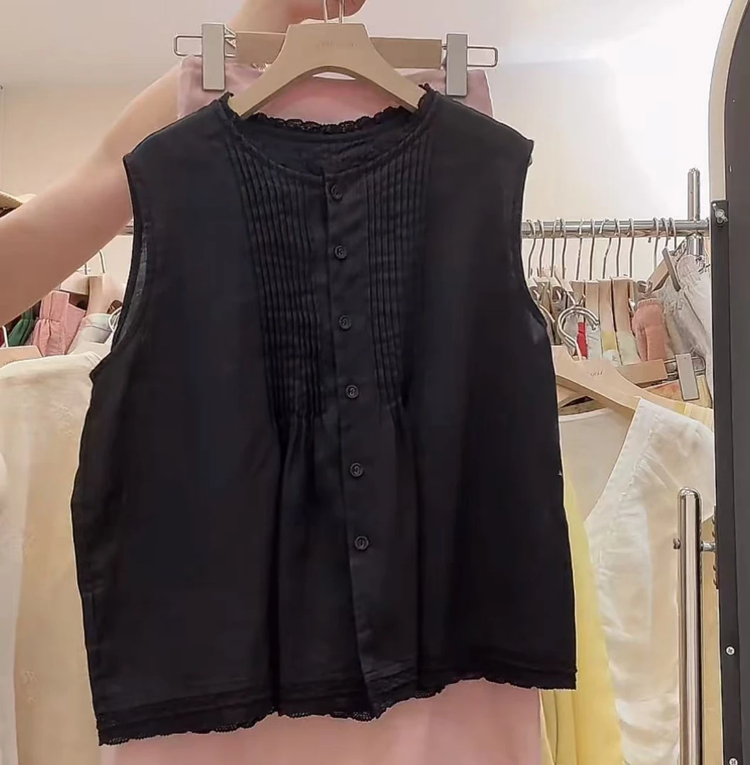 小文姐 W1802-通勤时尚韩版百搭压褶圆领木耳边显瘦简约无袖背心