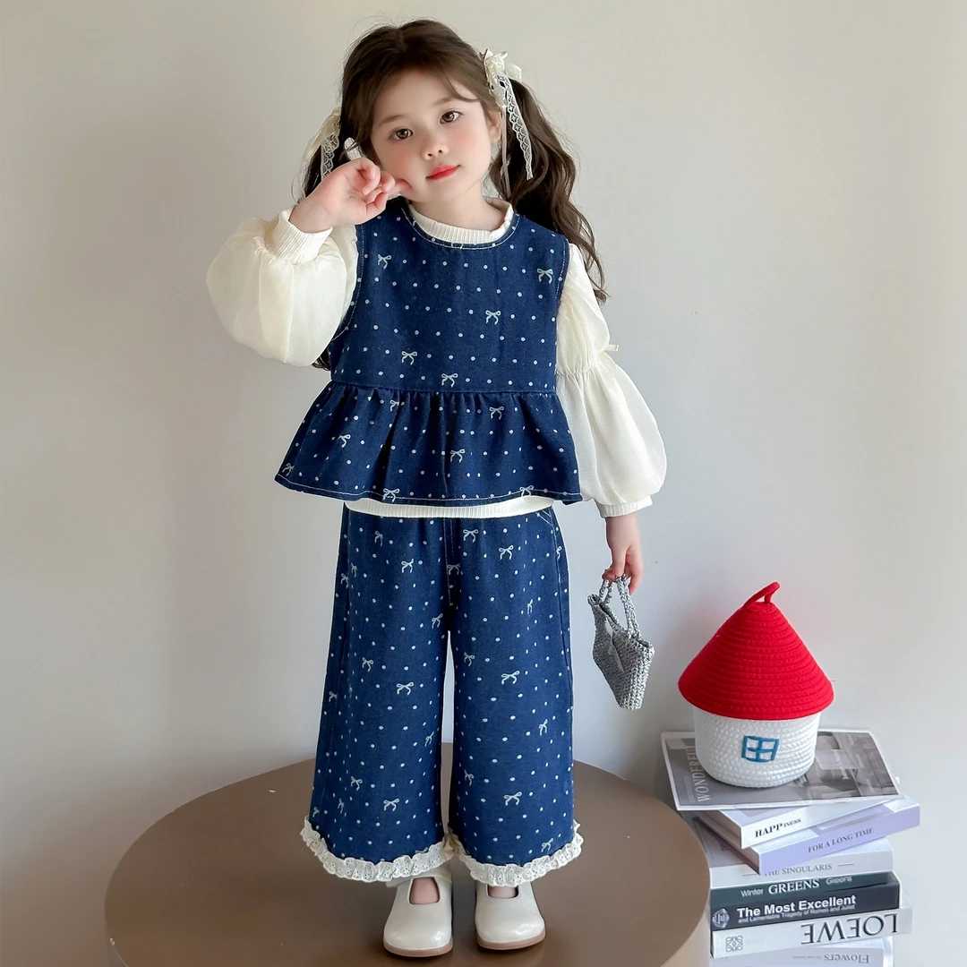 女童秋季套装2025新款儿童宝宝洋气波点牛仔马甲背心阔腿裤三件套
