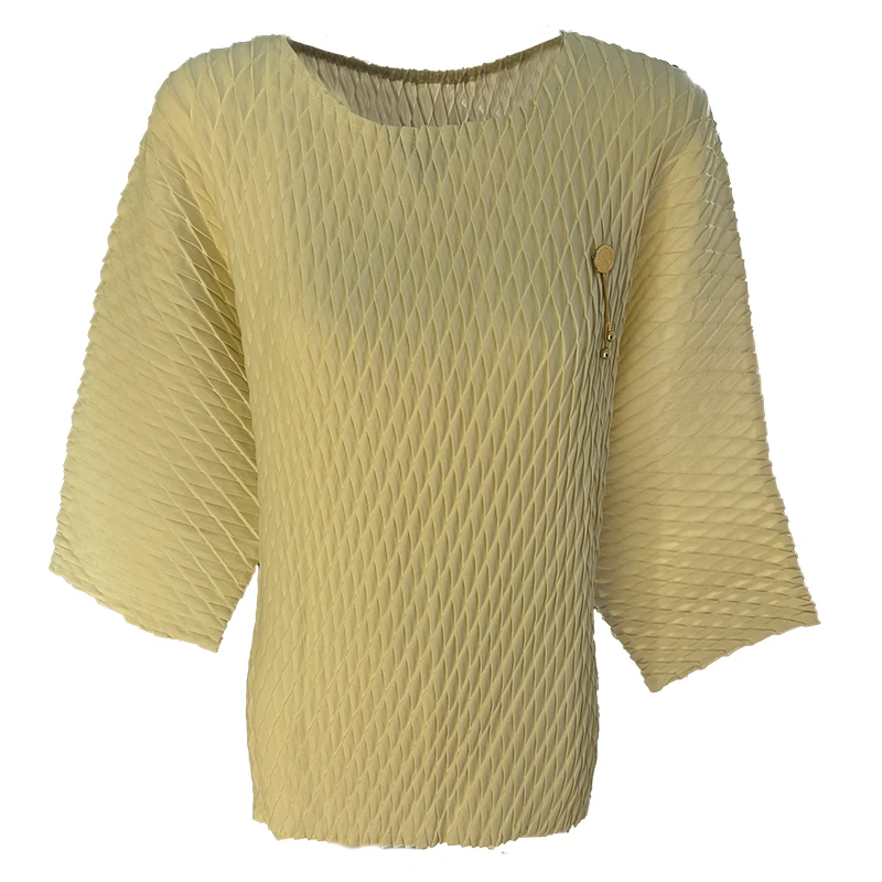 【格一专属】春季新款时尚气质五分袖圆领T恤女纯色褶皱休闲上衣