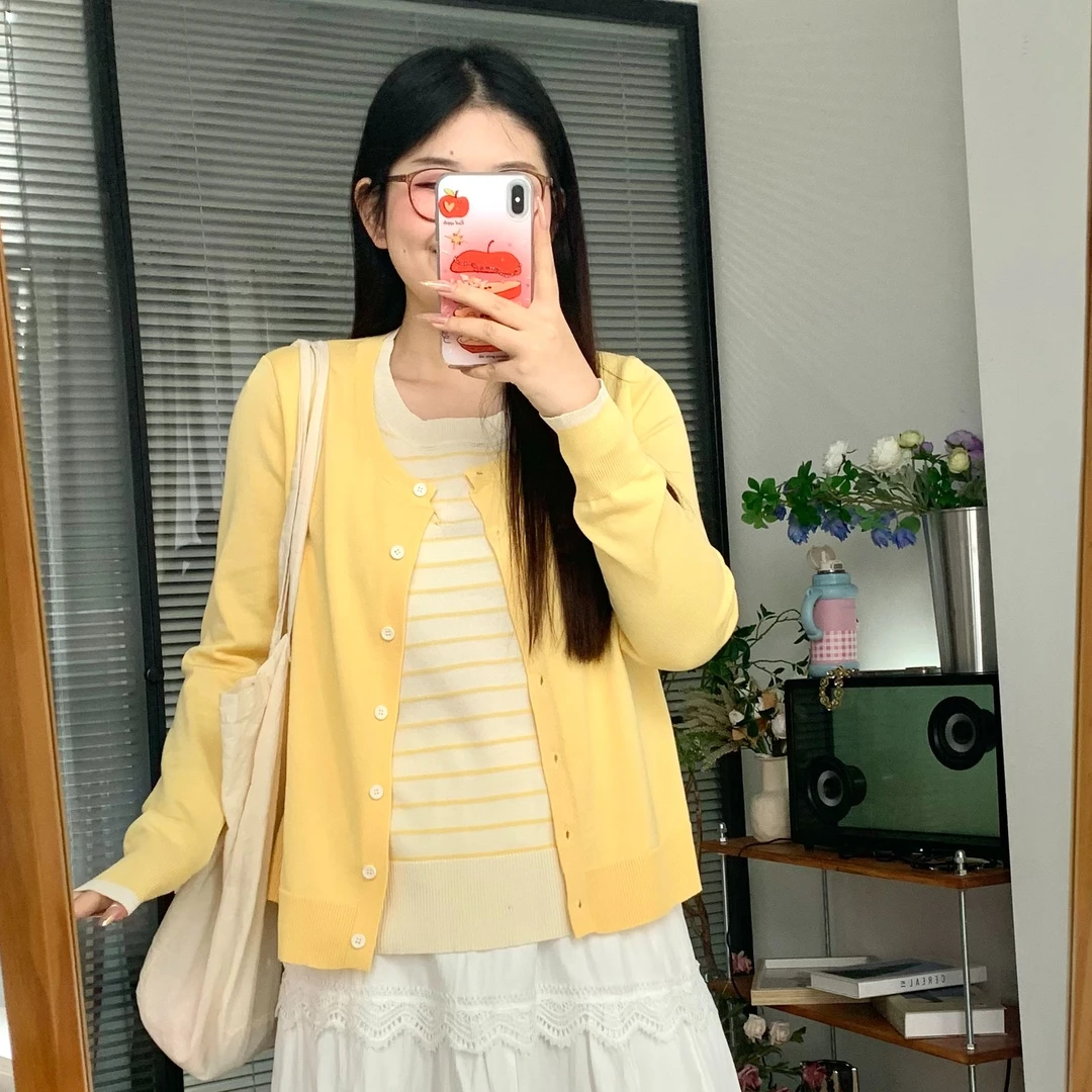 【鱼白专属】条纹长袖假两件气质显瘦休闲时尚圆领毛针织开衫女