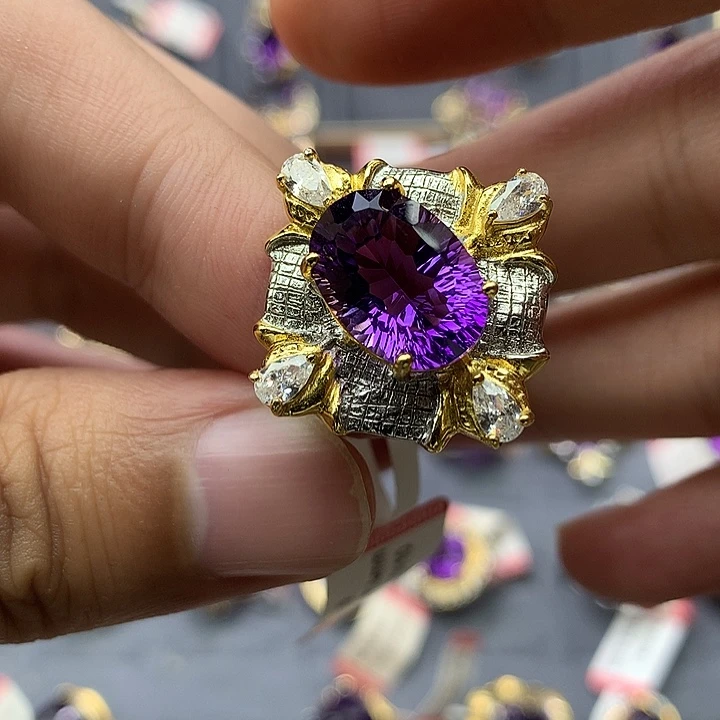 银S925镀金镶嵌戒指水晶