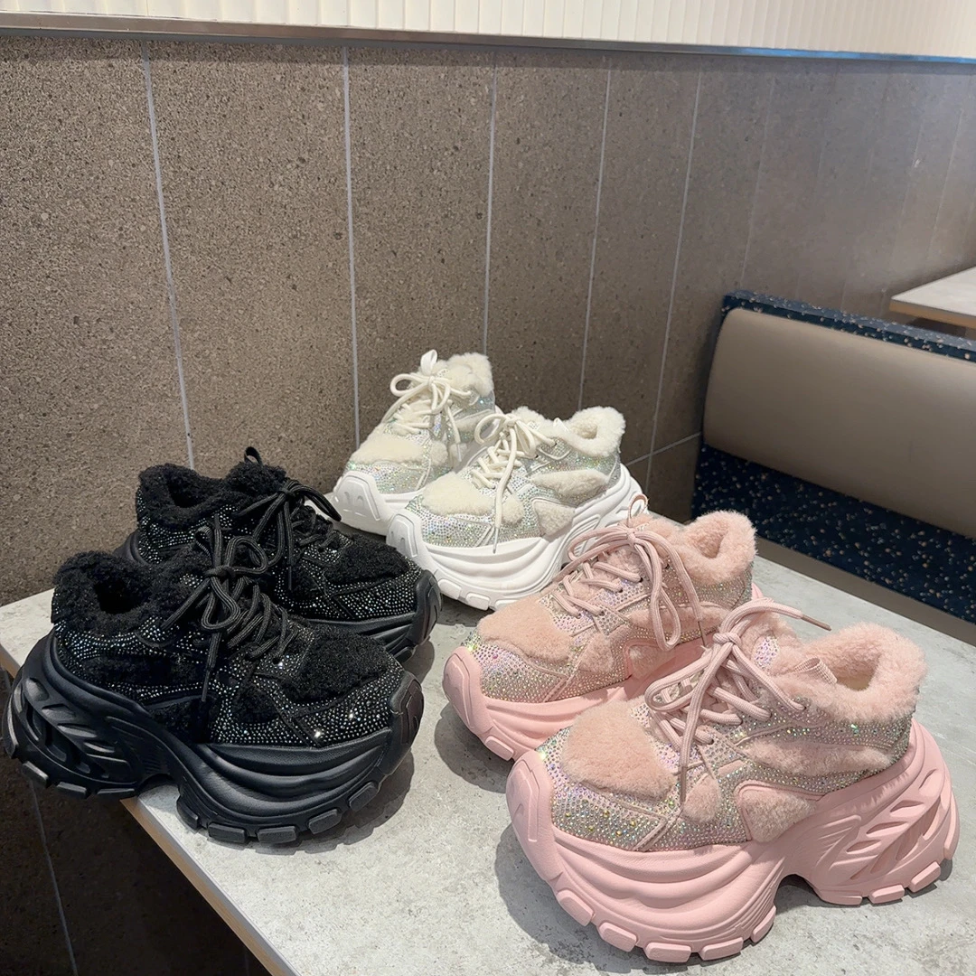 欧货重工水钻毛毛厚底老爹鞋女ins潮加绒增高棉鞋保暖休闲运动鞋