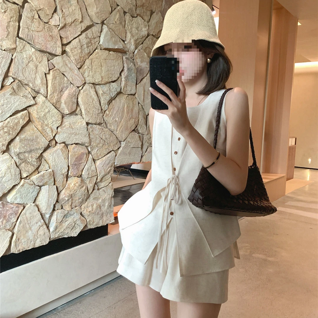 高级感老钱风亚麻马夹短裤两件套装女2025夏季老钱风松弛感女装