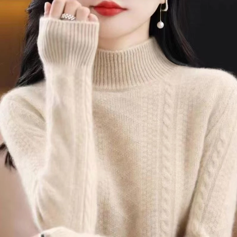 半高领纯100羊毛衫女百搭厚款毛衣秋冬新款休闲保暖套头100羊毛衫