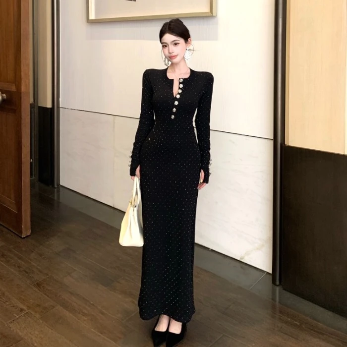 气质烫钻长袖连衣裙女春季半开领黑色修身长裙名媛风收腰包臀裙子