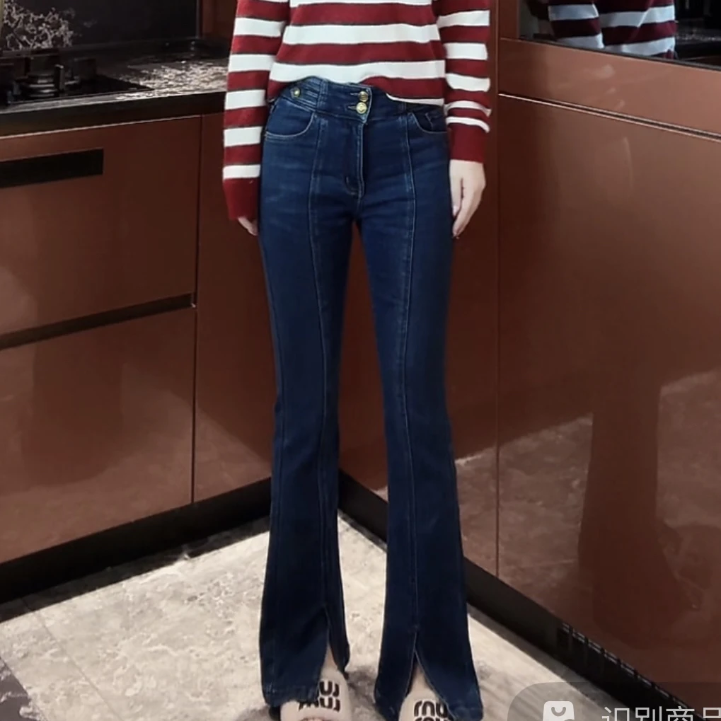 CW.MM 高腰两粒扣显瘦洋气开叉牛仔裤