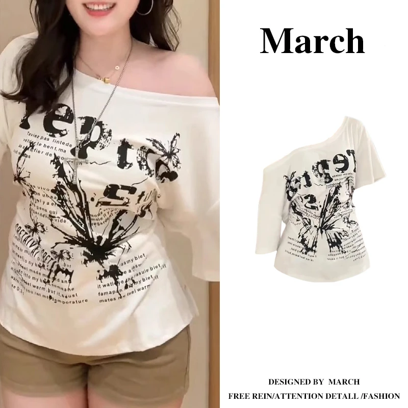 大码露肩露半边肩斜肩短袖T恤女夏季慵懒风宽松胖mm上衣11659