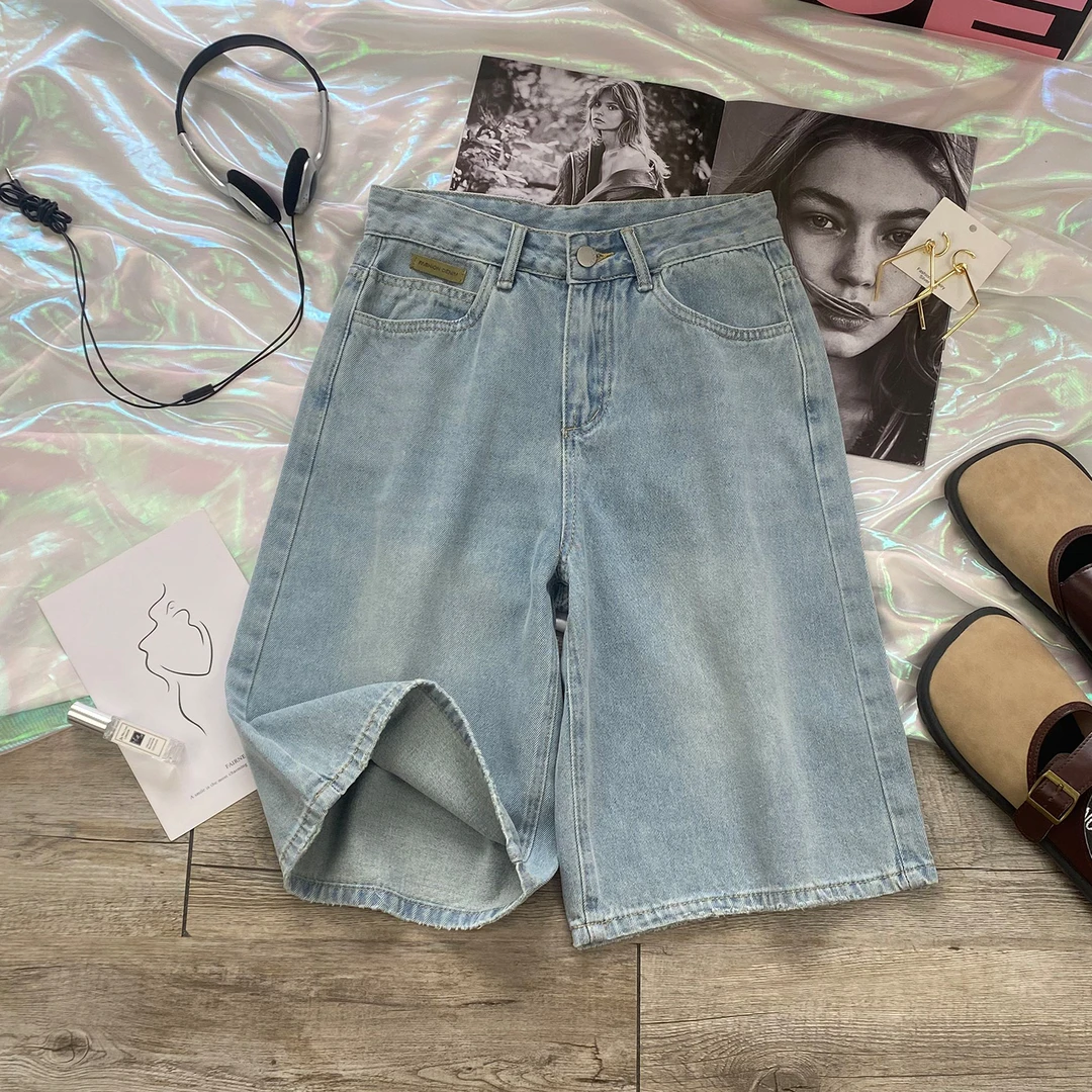 浅色牛仔五分短裤女秋季薄款2025年新款高腰显瘦宽松阔腿5分中裤