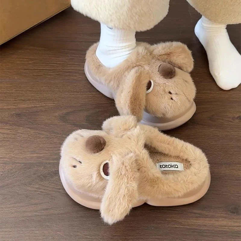 时尚百搭可爱卡通毛毛拖鞋2025秋冬季新款居家大耳朵狗保暖包头拖
