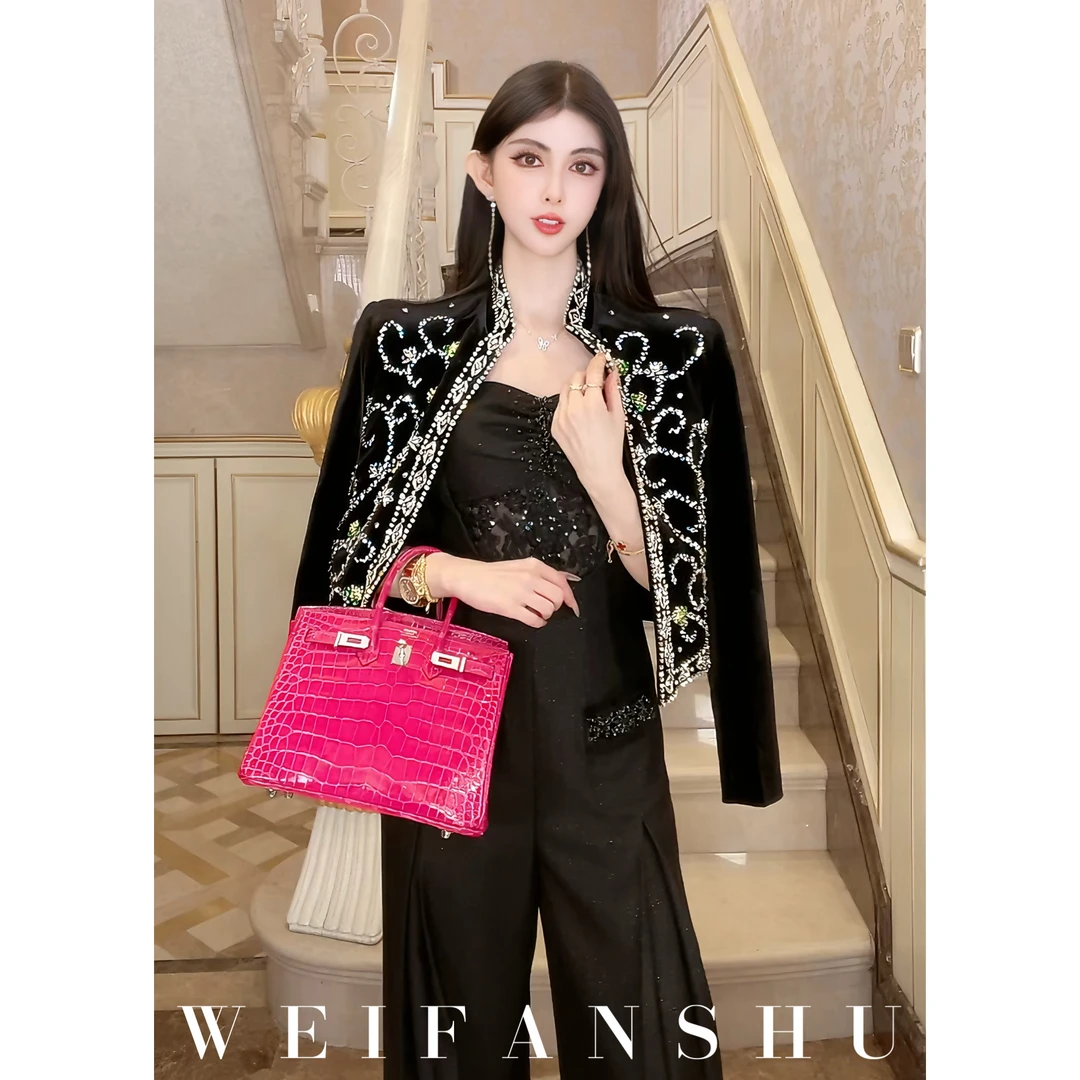 WEIFANSHU/魏凡舒【宙斯月夜】套装款设计感高级烫钻丝绒外套&半裙