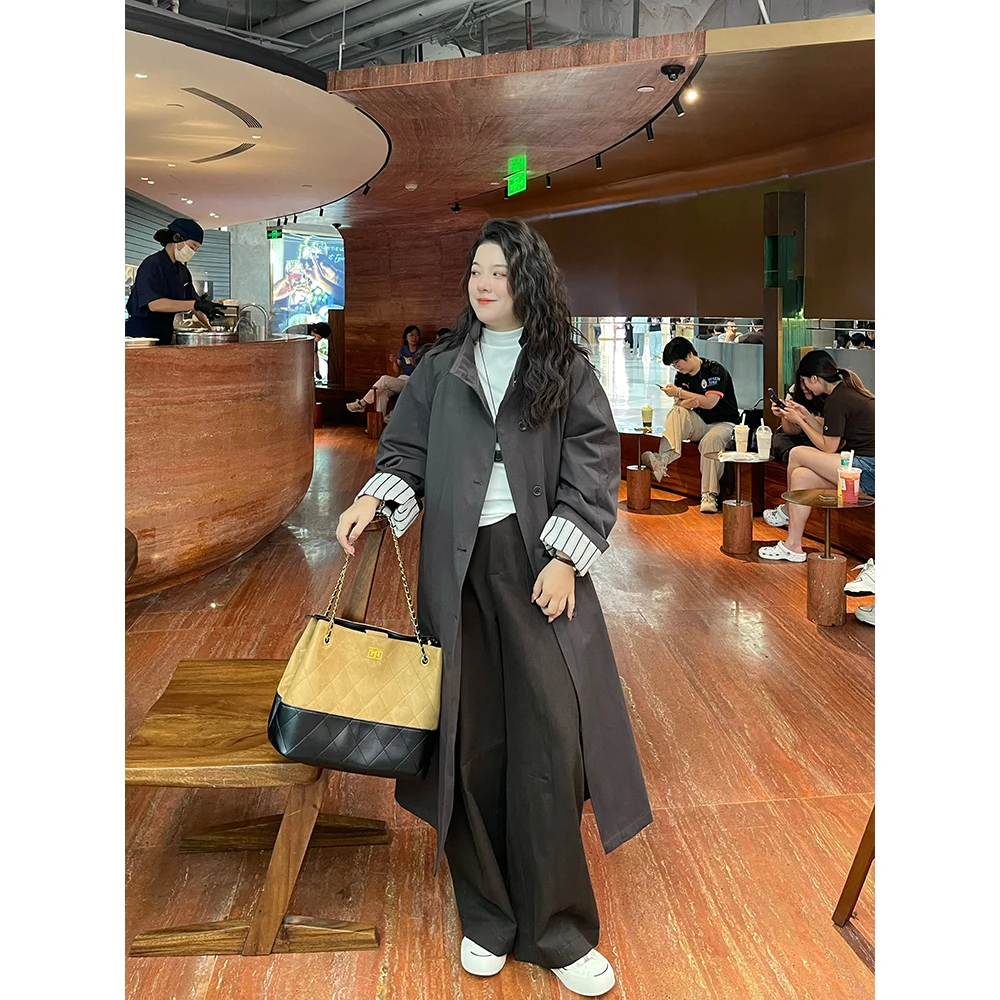 WenWen小个子韩系袖口条纹翻边秋宽松高级感中长款过膝风衣4230