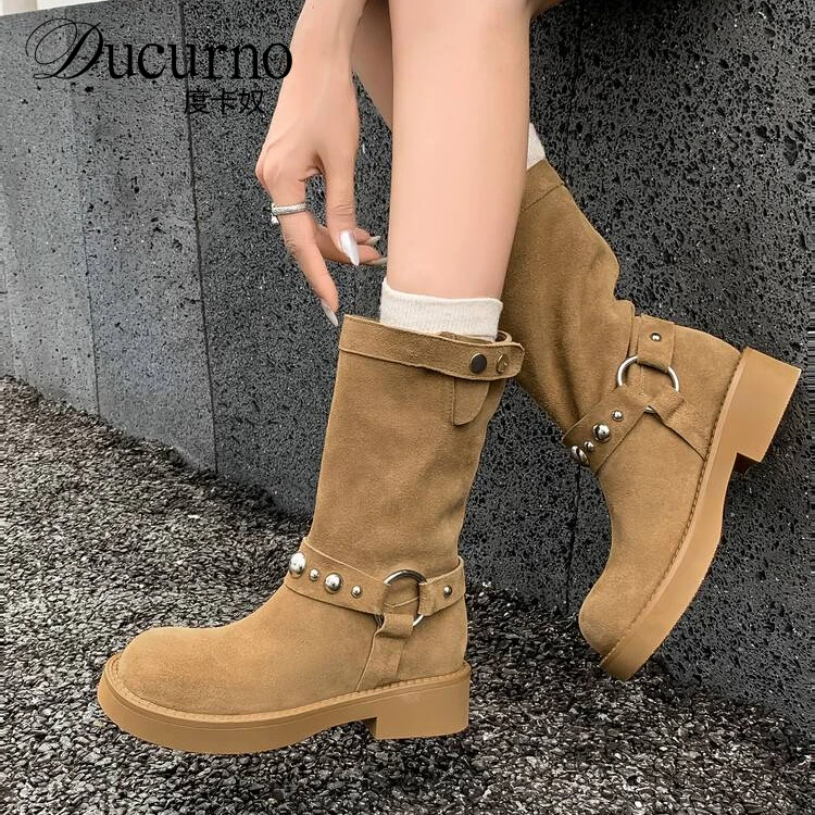 DUCURNO百搭圆头厚底金属扣马丁靴女潮酷西部堆堆靴时尚机车短靴