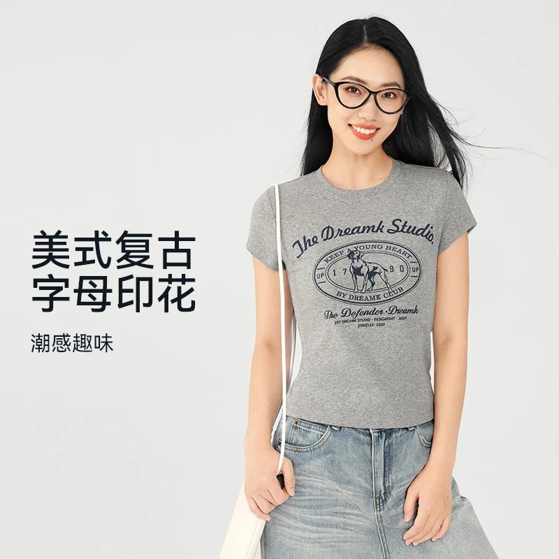 运动休闲正肩短袖高街美式休闲刺绣短袖夏季薄款弹力运动3397
