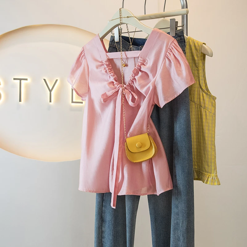 韩系温柔风飞飞袖蝴蝶结系带小衫女夏季甜美露背薄款圆领衬衫上衣