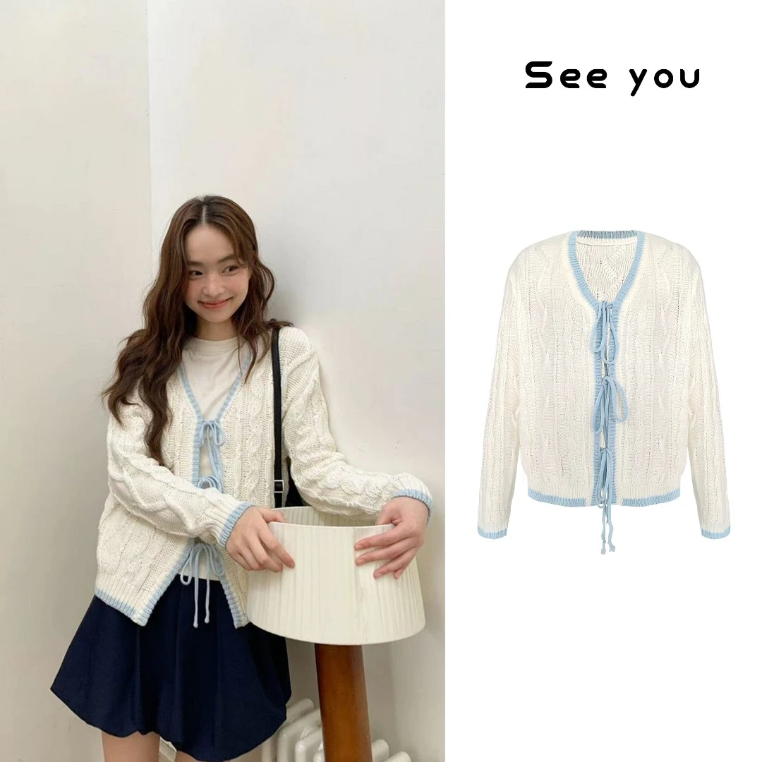 秋季宽松设计感麻花撞色绑带针织开衫时尚新款休闲显瘦上衣L1435