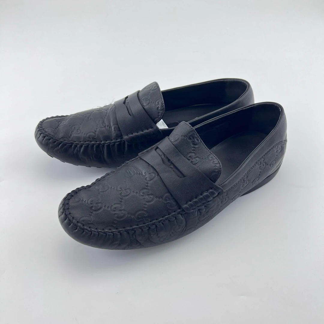95新 GUCCI/古驰 42码/黑色圆头一脚蹬休闲皮鞋/13331927