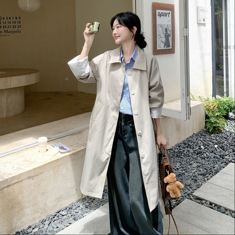 高级感韩系气质松弛感风衣女装中长款2025秋季新款蕾丝拼接翻领