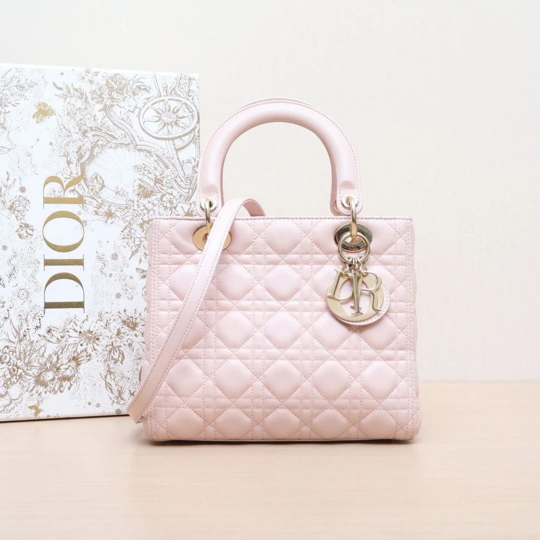 95新 DIOR/迪奥 小花姑姑P205227316 戴妃包 五格 淡粉色 金扣