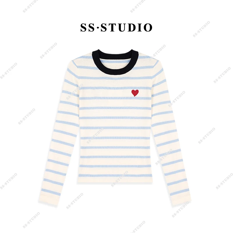 【SUSU】条纹撞色圆领百搭休闲长袖针织上衣SS-5100