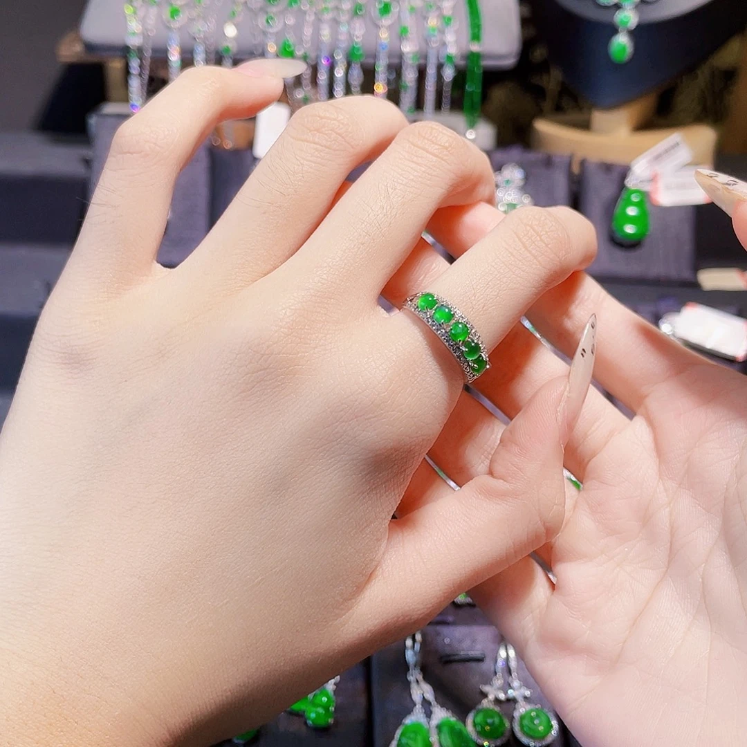 不***狗翡翠银S925镶嵌戒指排戒