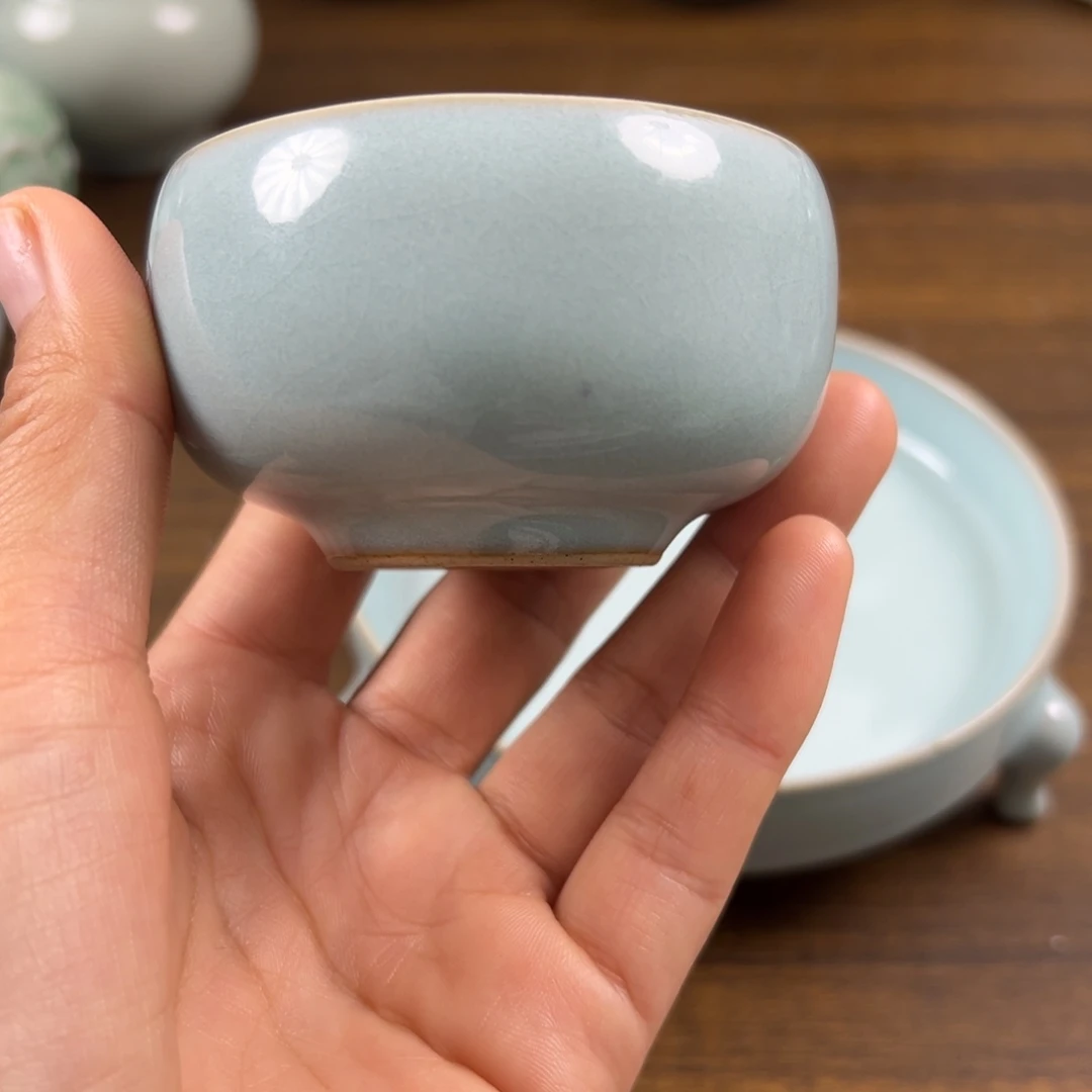 瓷摆件天青釉水禅定杯微瑕