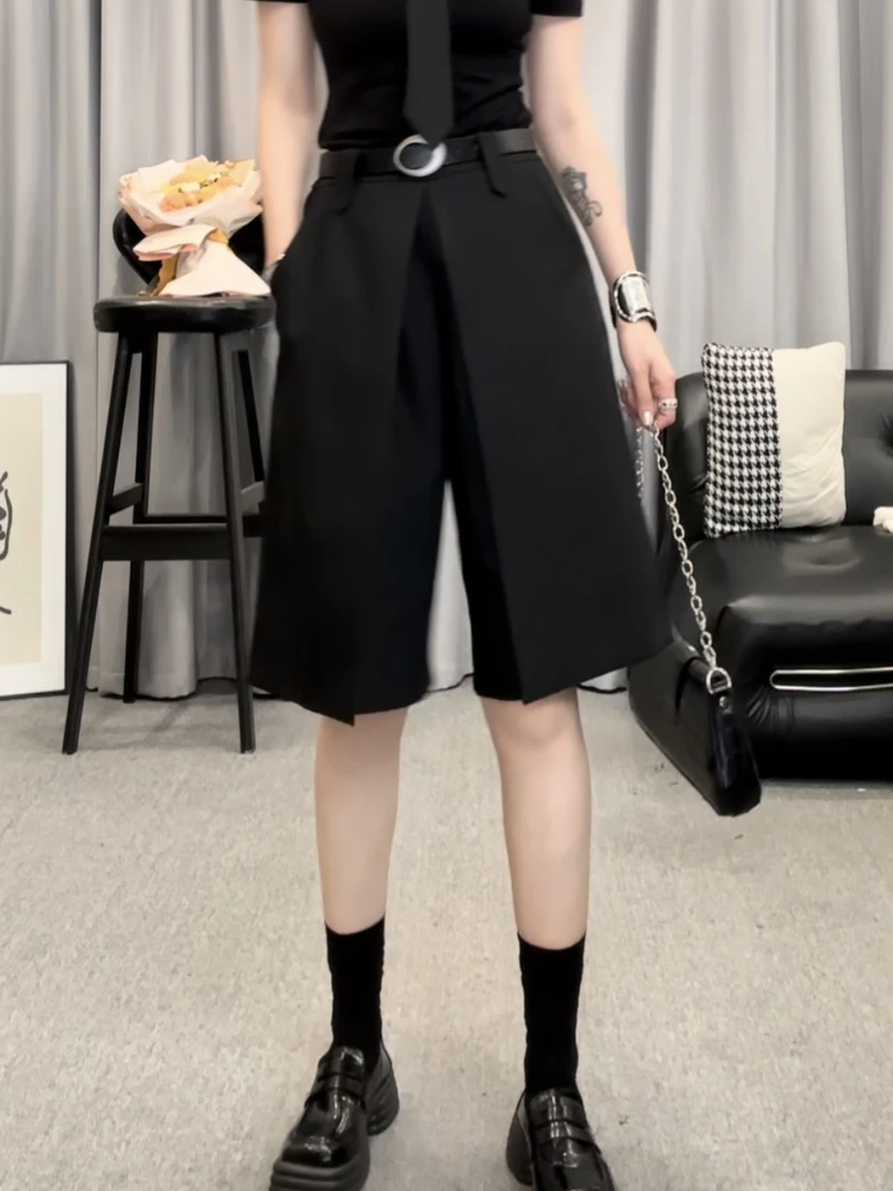 D2515黑色西装短裤夏季新款高腰气质百搭前开叉假两件中裤