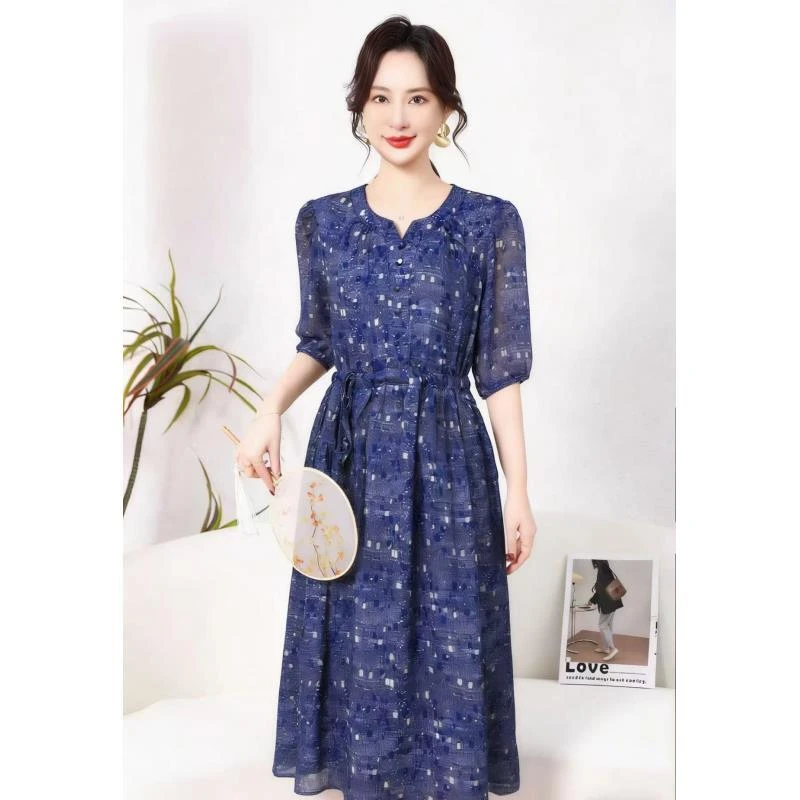 【香云纱高定款】冰川蓝气质修身时尚休闲夏季高端大码妈妈装连衣裙