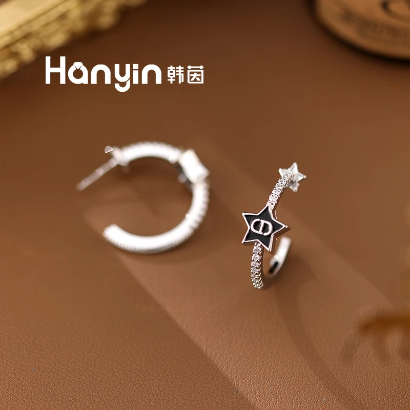 铜合金合成锆石耳饰 925银针精致满微镶CD五角星C形耳钉AAA
