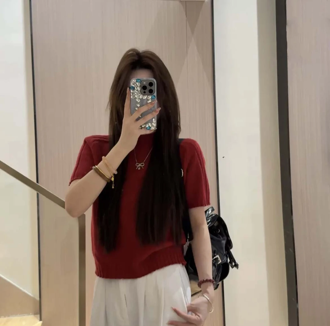 韩系慵懒风立领针织衫女春秋氛围感休闲显瘦百搭纯色短袖T恤上衣