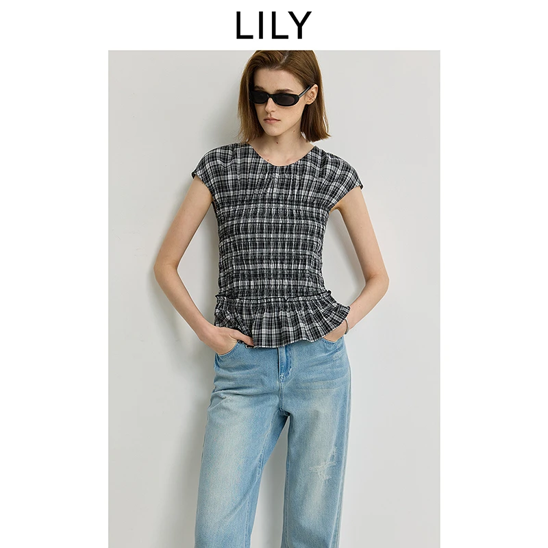 LILY2025夏复古黑白格纹圆领修身套头衫125249C8962