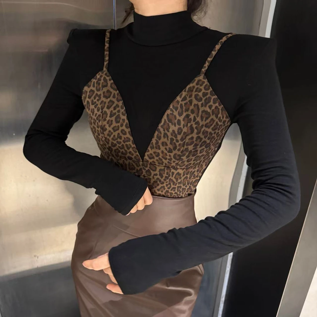 辣妹美式豹纹拼接长袖T恤新款冬季遮肉修身遮肚假两件打底上衣
