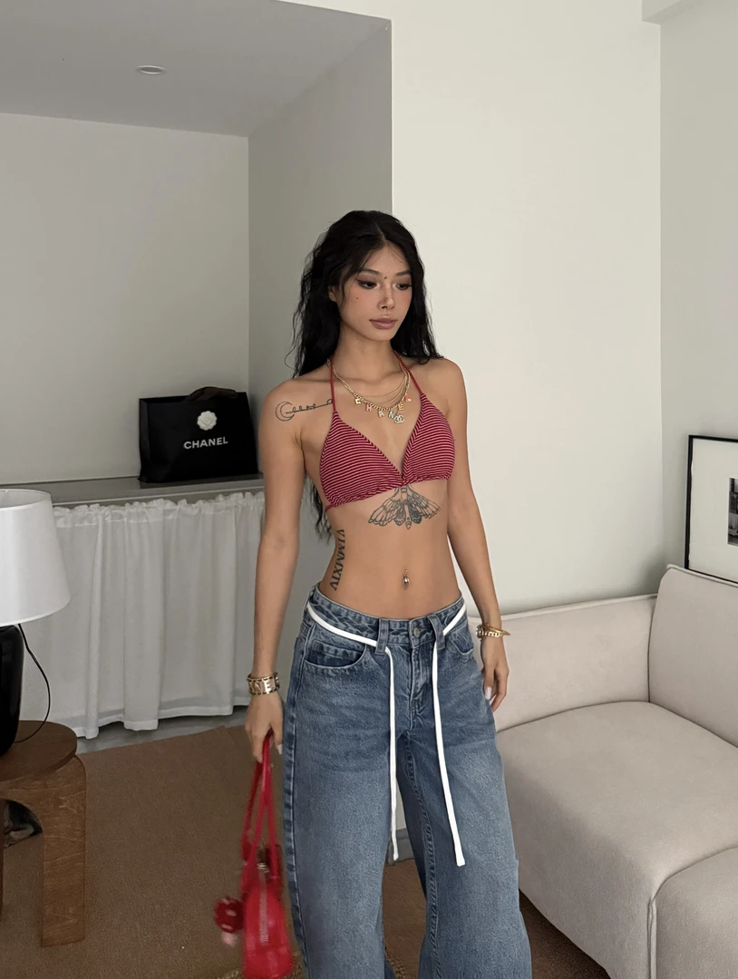 BLINGGIRLS辣妹条纹ins风美背百搭夏季性感挂脖短款吊带背心
