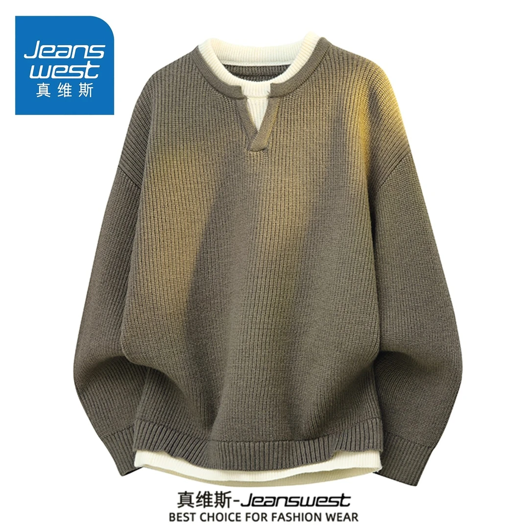 真维斯日系复古假两件撞色上衣衫男秋冬季慵懒风V领毛衣情侣套头