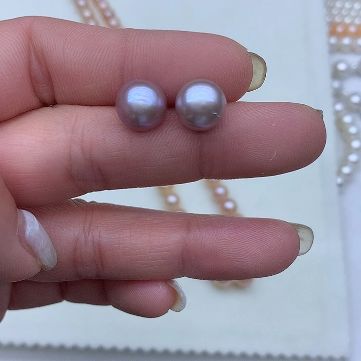 银S925镶嵌耳饰淡水珍珠9-10紫色耳钉