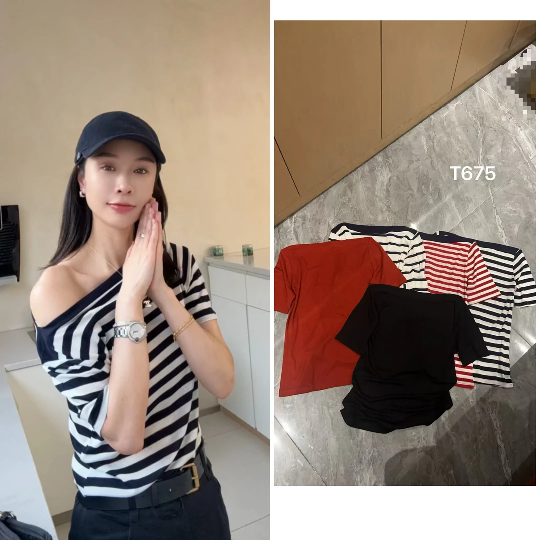 （小雨推荐675）2025年夏款时尚常规款一字领T恤短袖