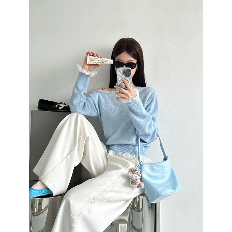 斜肩蕾丝边针织上衣女不规则拼接露肩套头高腰修身时尚宽松直筒裤