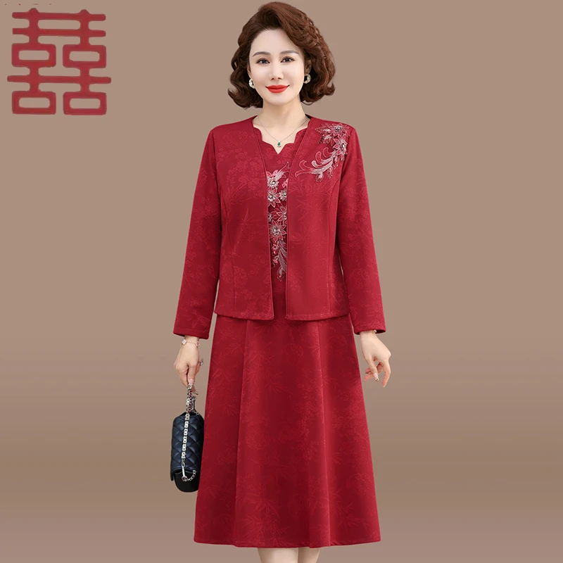 喜婆婆婚礼服2025新款妈妈秋装中式结婚连衣裙中老年女春秋两件套