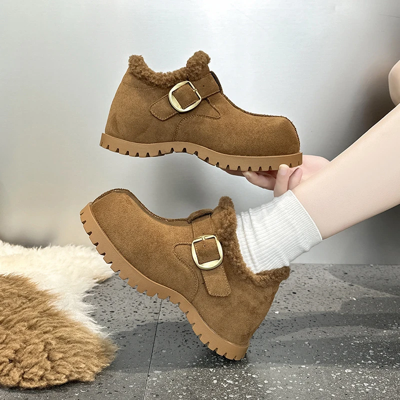 棕色复古全包勃肯鞋女2026冬季新款毛毛棉鞋厚底增高百搭乐福鞋子