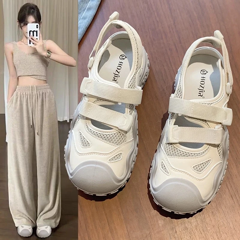 三福包头运动凉鞋女2025年夏季新款丑萌鞋厚底镂空透气老爹鞋女